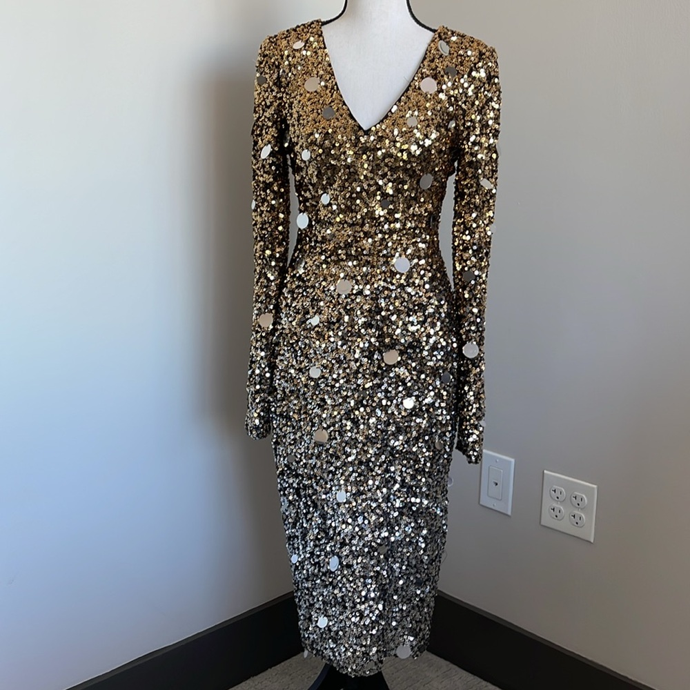 Badgley Mischka Gold Sequin Long Sleeve Sheath Dress